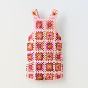 Zara Kids crochet romper overalls knit Playsuit granny squares toddler girl pink